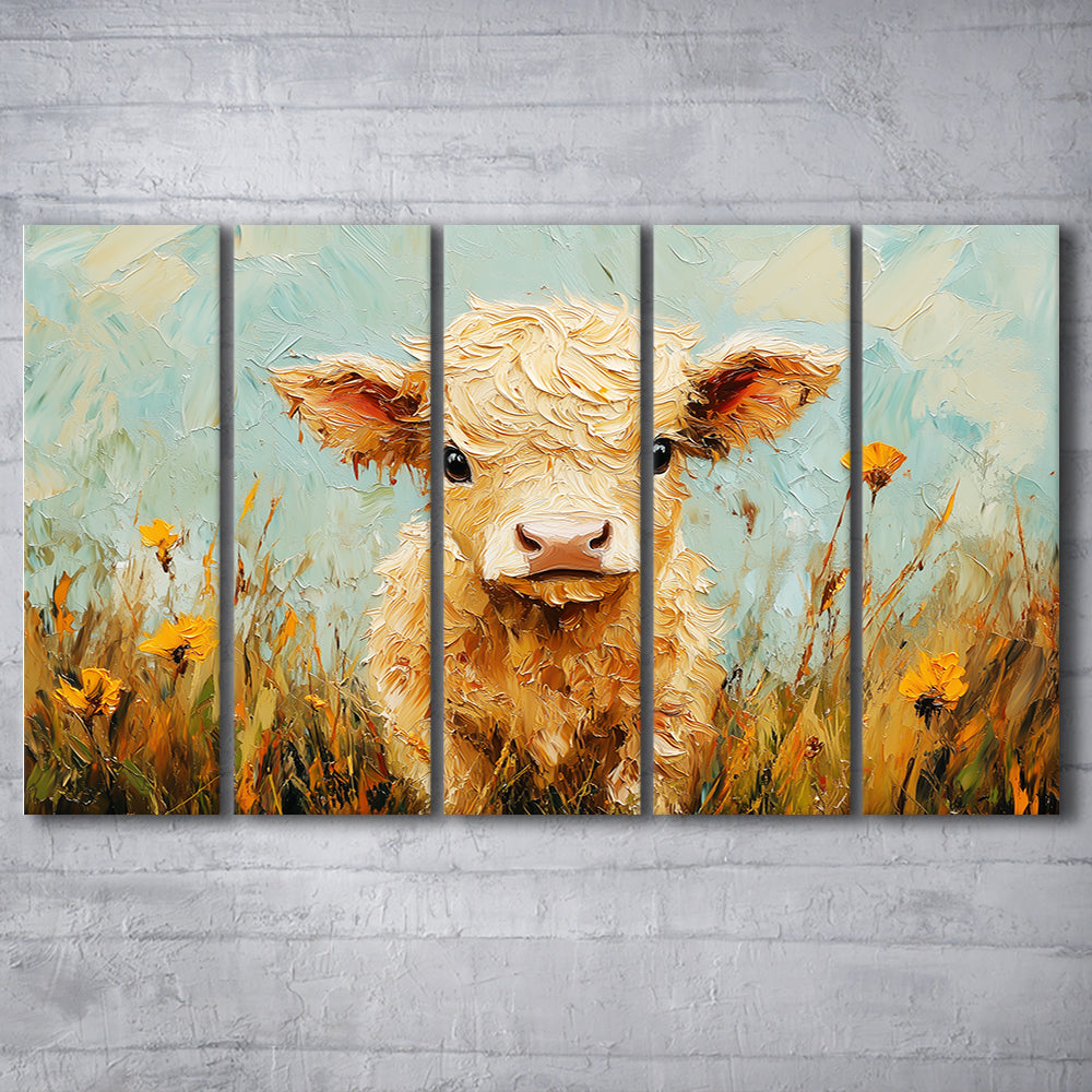Baby Highland Cow Oil Painting in the Field, Canvas Art Print, Painting Art, Multi Panels Canvas Print Wall Art