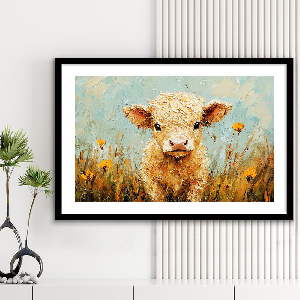 Baby Highland Cow Oil Painting in the Field, Framed  Print, Painting Art, Framed Art Print White Border Wall Decor