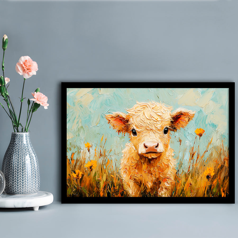 Baby Highland Cow Oil Painting in the Field, Framed  Print, Painting Art, Framed Art Print Wall Decor, Framed Picture
