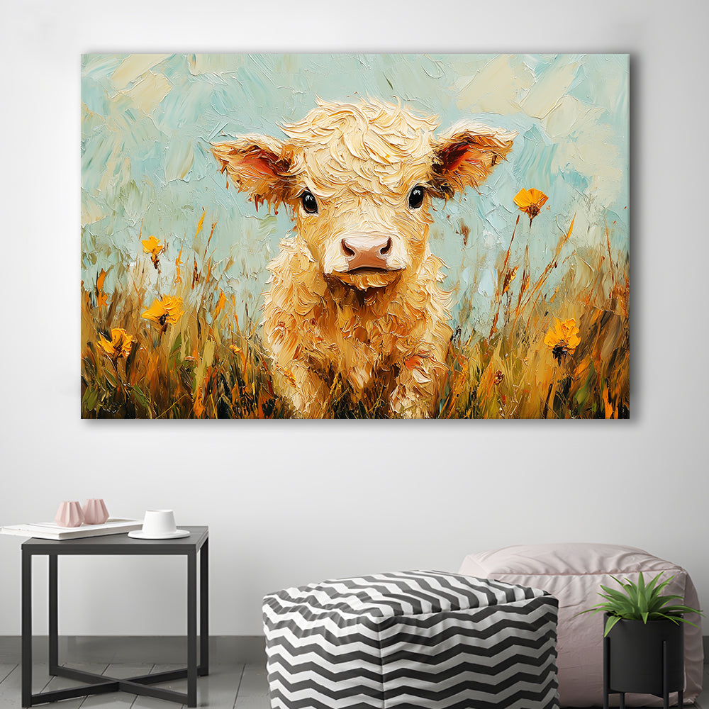 Baby Highland Cow Oil Painting in the Field, Canvas Art Decor Print, Painting Art, Canvas Print Wall Art Home Decor