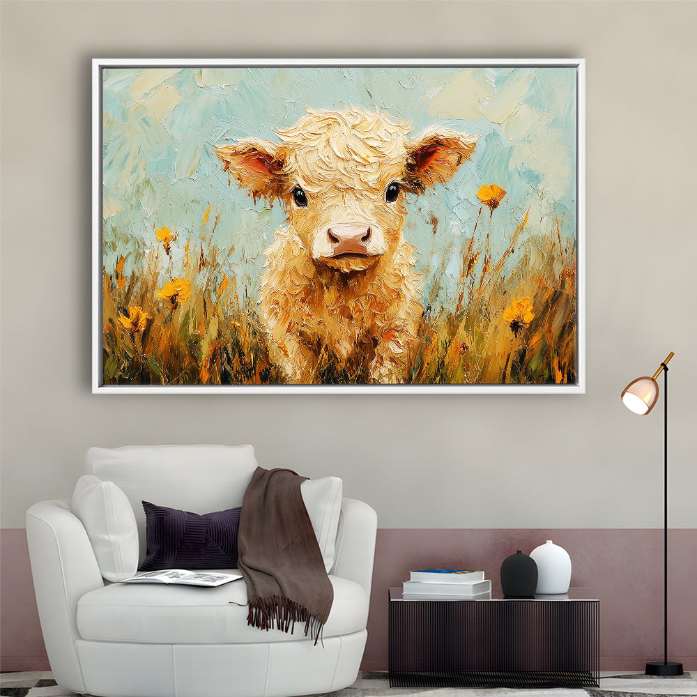Baby Highland Cow Oil Painting in the Field, Framed Canvas Print, Painting Art, Floating Framed Canvas Print Wall Art