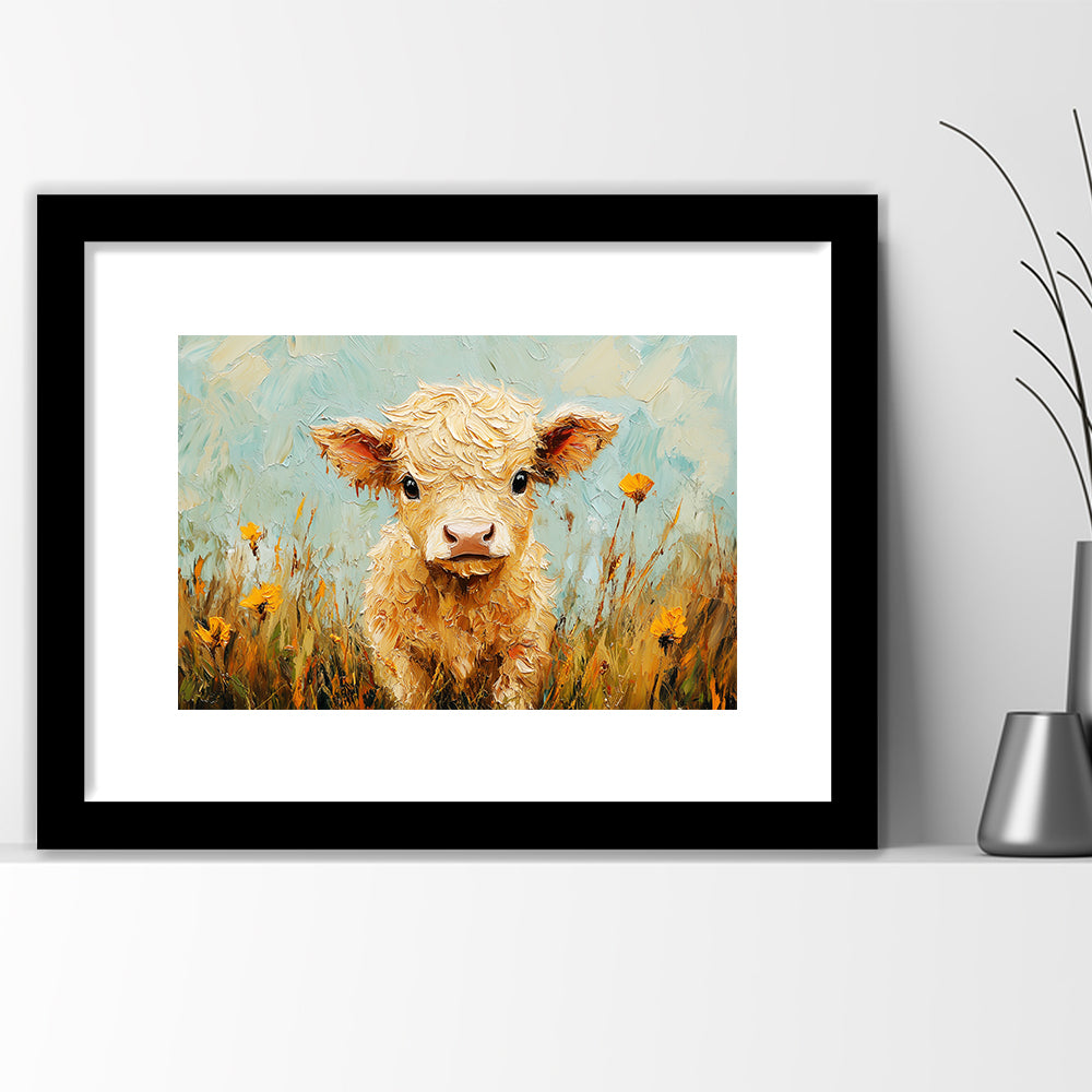 Baby Highland Cow Oil Painting in the Field, Framed  Print, Painting Art, Framed Art Print White Border Wall Decor