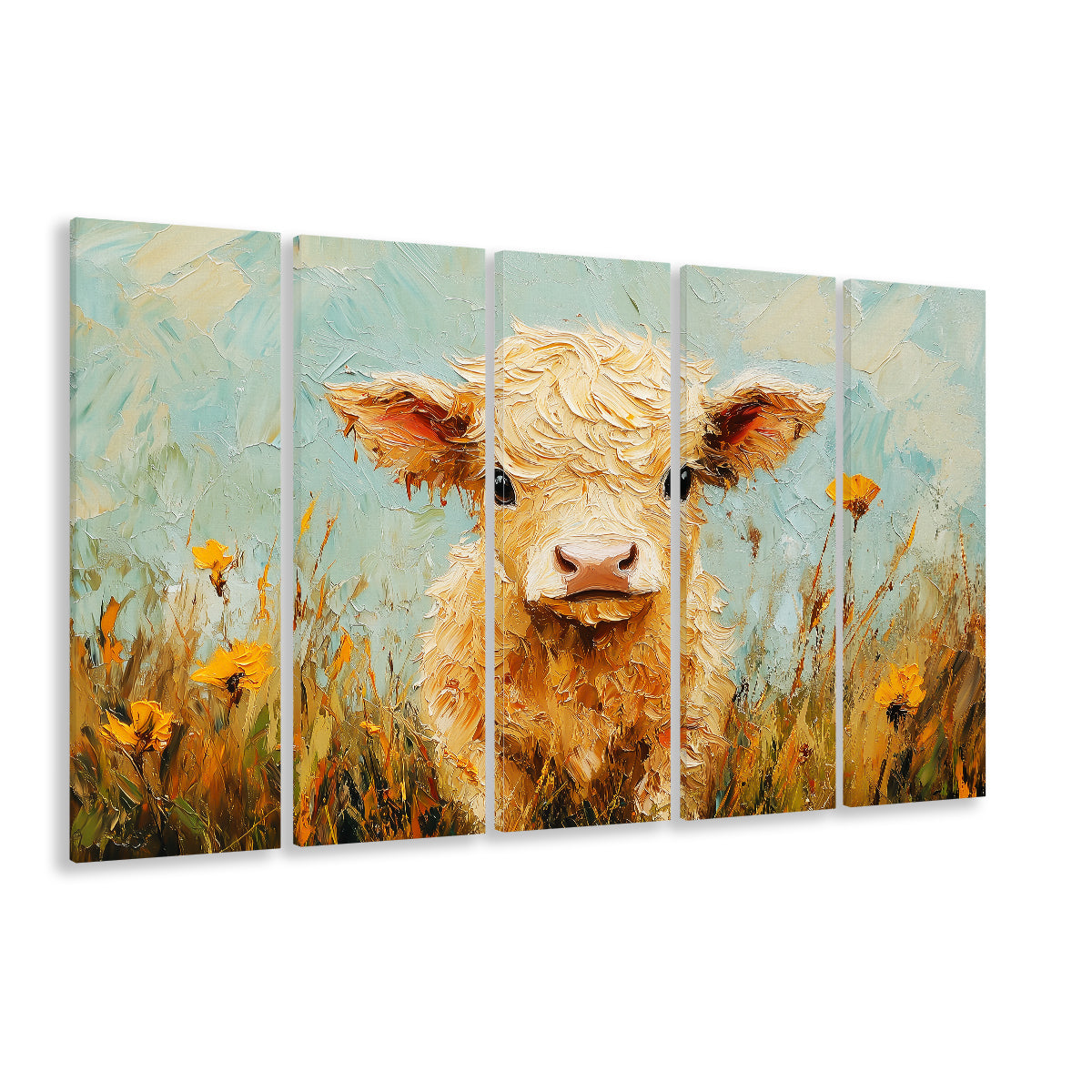 Baby Highland Cow Oil Painting in the Field, Canvas Art Print, Painting Art, Multi Panels Canvas Print Wall Art