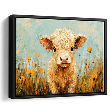 Baby Highland Cow Oil Painting in the Field, Framed Canvas Print, Painting Art, Floating Framed Canvas Print Wall Art