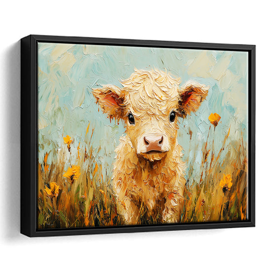 Baby Highland Cow Oil Painting in the Field, Framed Canvas Print, Painting Art, Floating Framed Canvas Print Wall Art