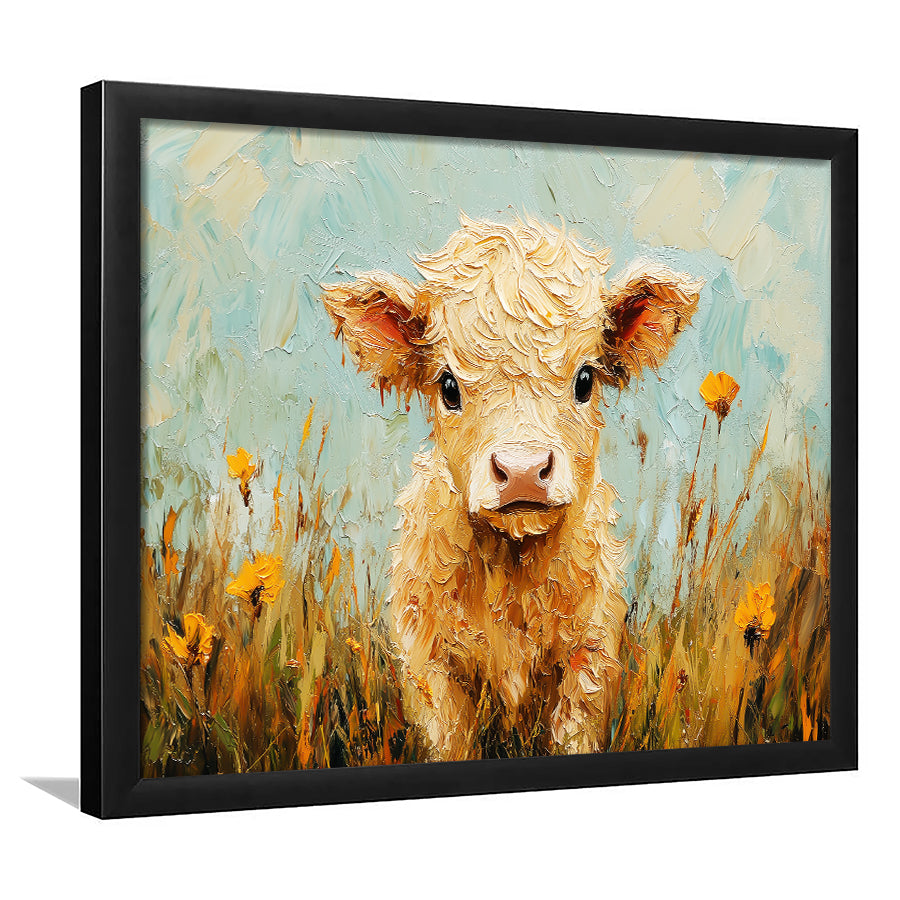 Baby Highland Cow Oil Painting in the Field, Framed  Print, Painting Art, Framed Art Print Wall Decor, Framed Picture