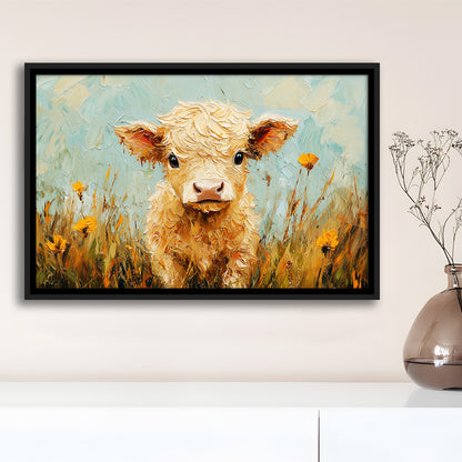 Baby Highland Cow Oil Painting in the Field, Framed Canvas Print, Painting Art, Floating Framed Canvas Print Wall Art