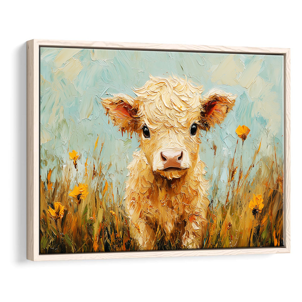 Baby Highland Cow Oil Painting in the Field, Framed Canvas Print, Painting Art, Floating Framed Canvas Print Wall Art