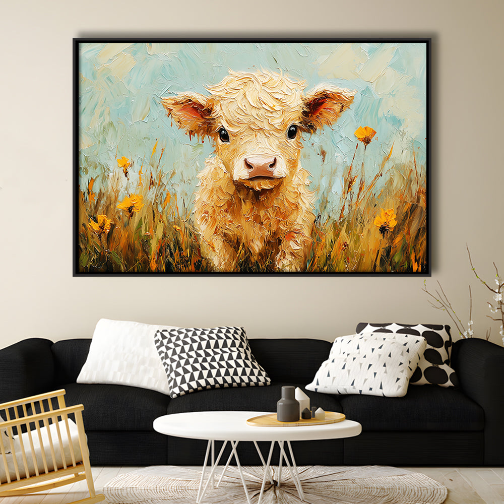 Baby Highland Cow Oil Painting in the Field, Framed Canvas Print, Painting Art, Floating Framed Canvas Print Wall Art