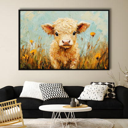 Baby Highland Cow Oil Painting in the Field, Framed Canvas Print, Painting Art, Floating Framed Canvas Print Wall Art