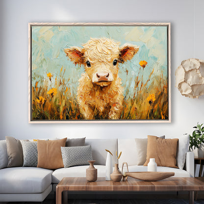 Baby Highland Cow Oil Painting in the Field, Framed Canvas Print, Painting Art, Floating Framed Canvas Print Wall Art