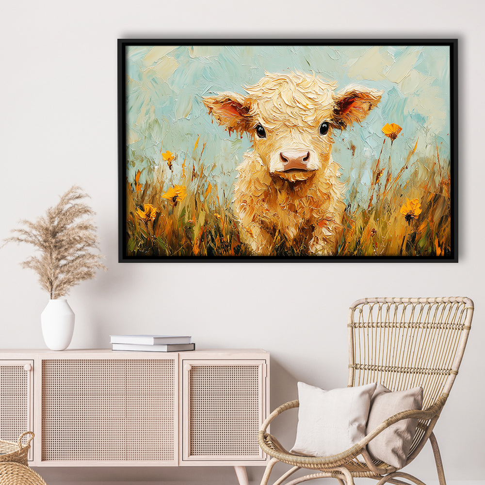 Baby Highland Cow Oil Painting in the Field, Framed Canvas Print, Painting Art, Floating Framed Canvas Print Wall Art