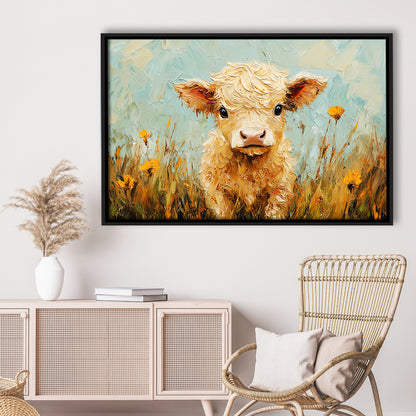 Baby Highland Cow Oil Painting in the Field, Framed Canvas Print, Painting Art, Floating Framed Canvas Print Wall Art