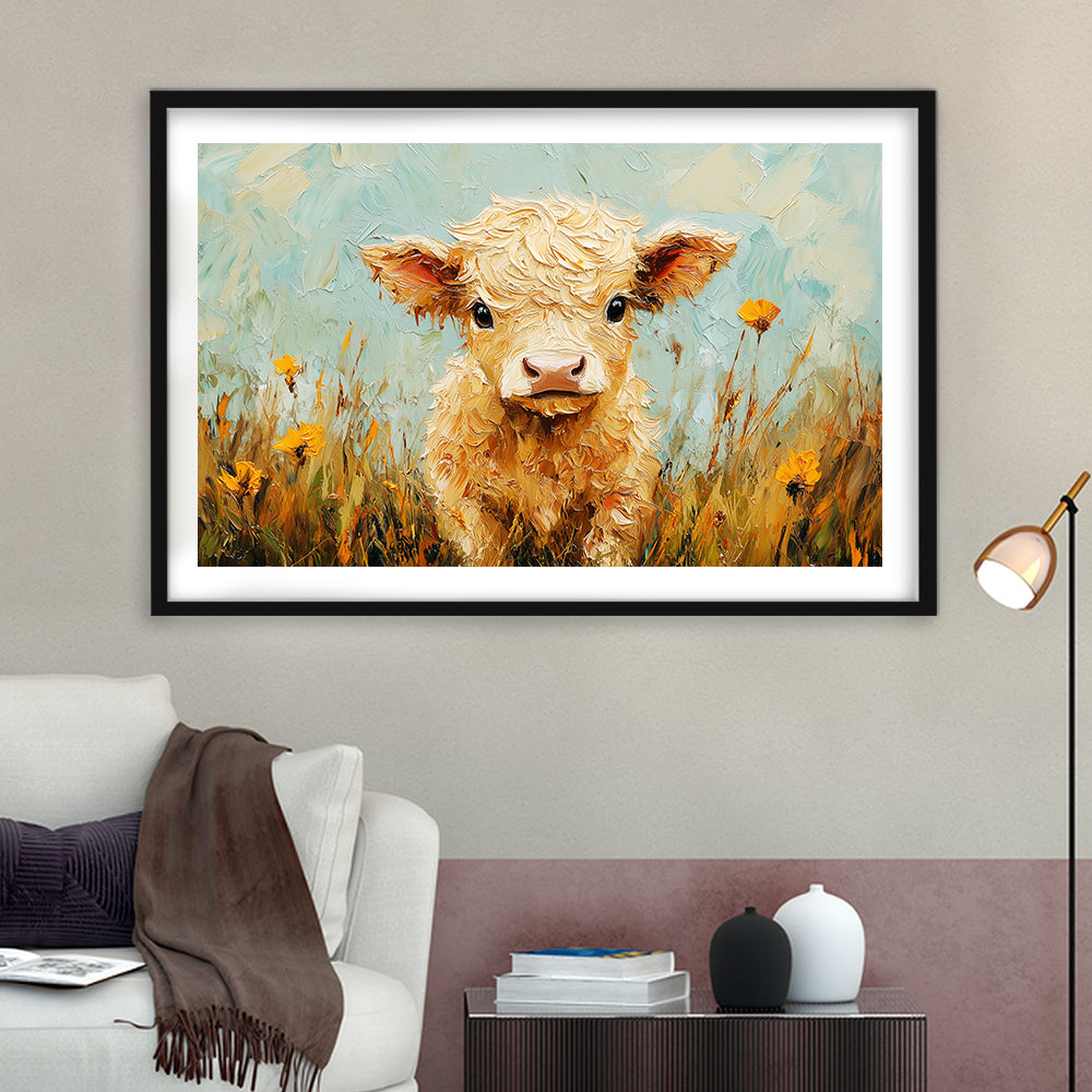 Baby Highland Cow Oil Painting in the Field, Framed  Print, Painting Art, Framed Art Print White Border Wall Decor