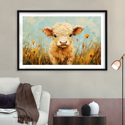 Baby Highland Cow Oil Painting in the Field, Framed  Print, Painting Art, Framed Art Print White Border Wall Decor