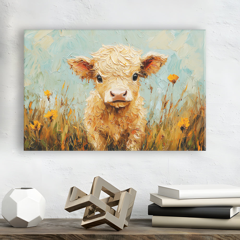 Baby Highland Cow Oil Painting in the Field, Canvas Art Decor Print, Painting Art, Canvas Print Wall Art Home Decor
