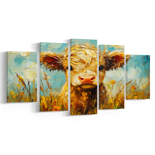 Baby Highland Cow Painting, Canvas Art Decor Print, Painting Art, Mixed Panels Canvas Print Wall Art