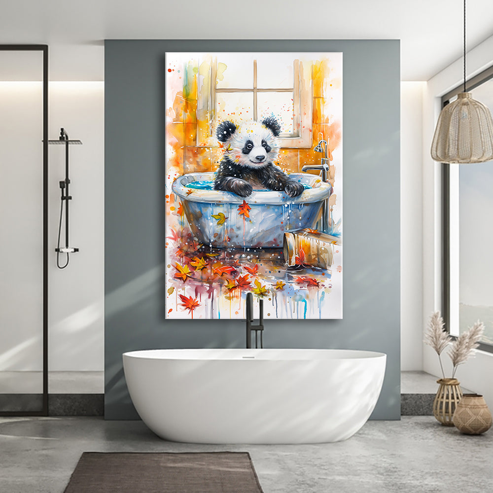 Baby Panda In Bathtub Bathroom Decor Print Tropical Leave Canvas Prints Wall Art, Bathroom Art Decor,
