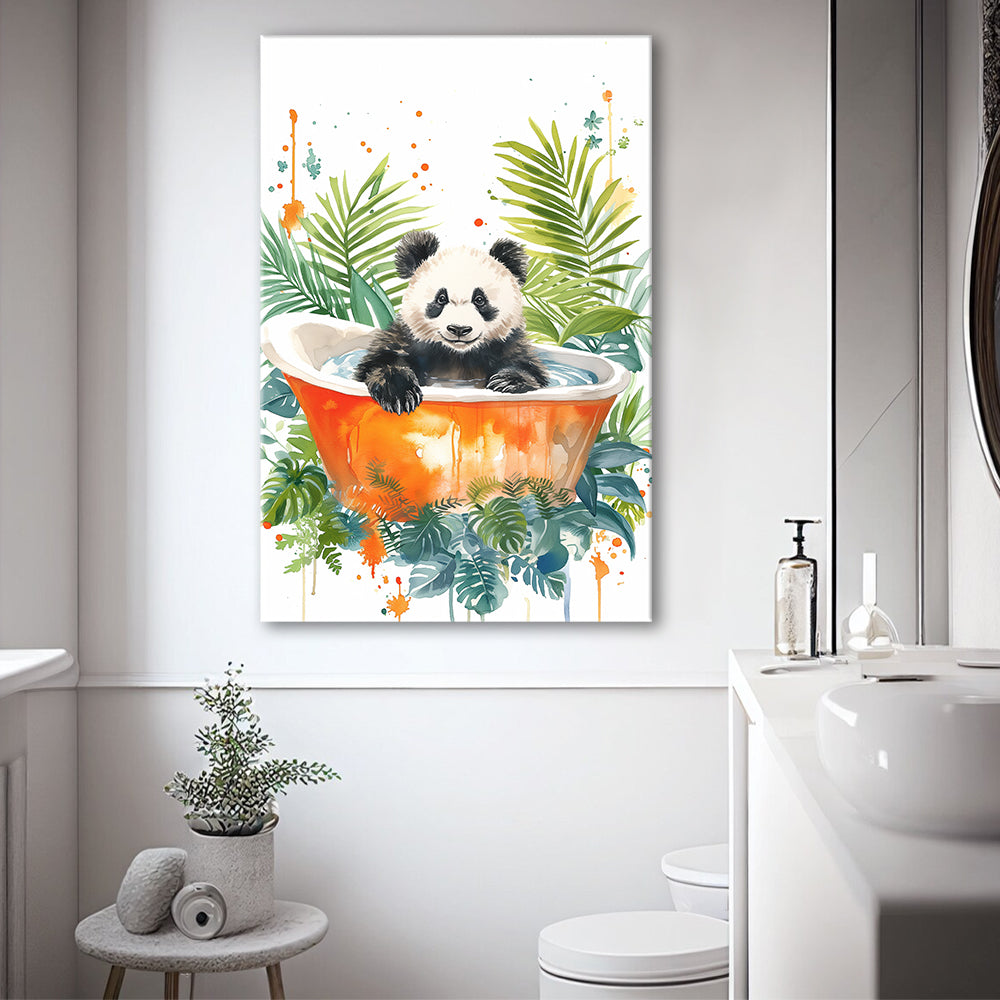 Baby Panda In Bathtub Bathroom Decor Print Tropical Leave V2 Canvas Prints Wall Art, Bathroom Art Decor,
