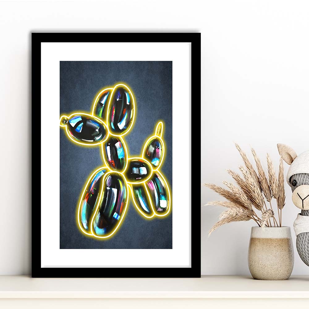 Balloon Dog Pop Art, Neon Sign Effect Art, Framed Art Print, Luxury Pictures Framed, White Border