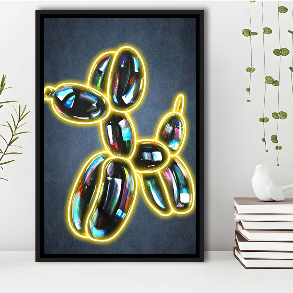 Balloon Dog Pop Art, Neon Sign Effect Art, Framed Canvas Print, Floating Frame, Luxury Wall Art Decor