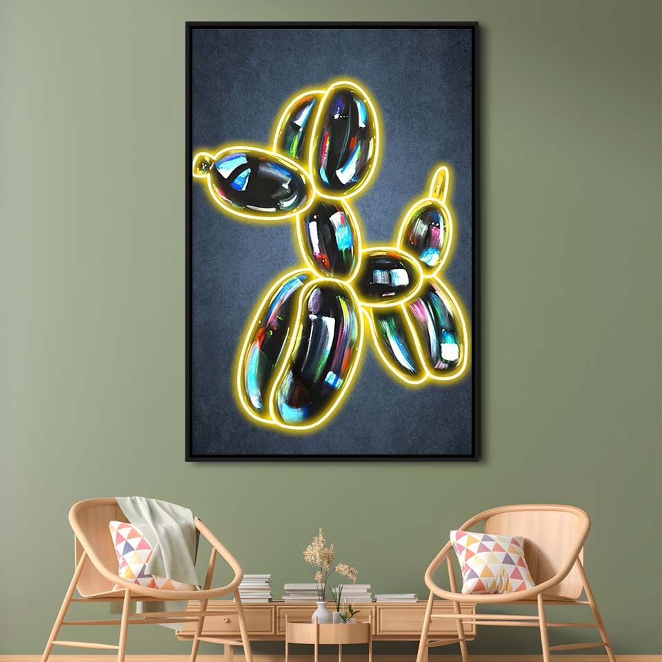 Balloon Dog Pop Art, Neon Sign Effect Art, Framed Canvas Print, Floating Frame, Luxury Wall Art Decor