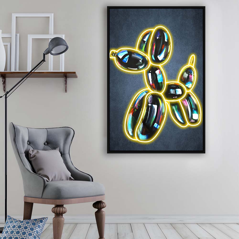 Balloon Dog Pop Art, Neon Sign Effect Art, Framed Canvas Print, Floating Frame, Luxury Wall Art Decor