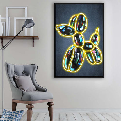 Balloon Dog Pop Art, Neon Sign Effect Art, Framed Canvas Print, Floating Frame, Luxury Wall Art Decor
