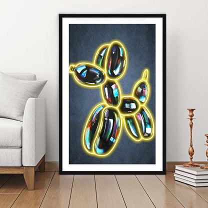 Balloon Dog Pop Art, Neon Sign Effect Art, Framed Art Print, Luxury Pictures Framed, White Border