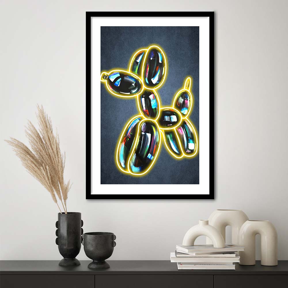 Balloon Dog Pop Art, Neon Sign Effect Art, Framed Art Print, Luxury Pictures Framed, White Border