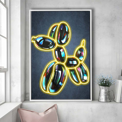 Balloon Dog Pop Art, Neon Sign Effect Art, Framed Canvas Print, Floating Frame, Luxury Wall Art Decor