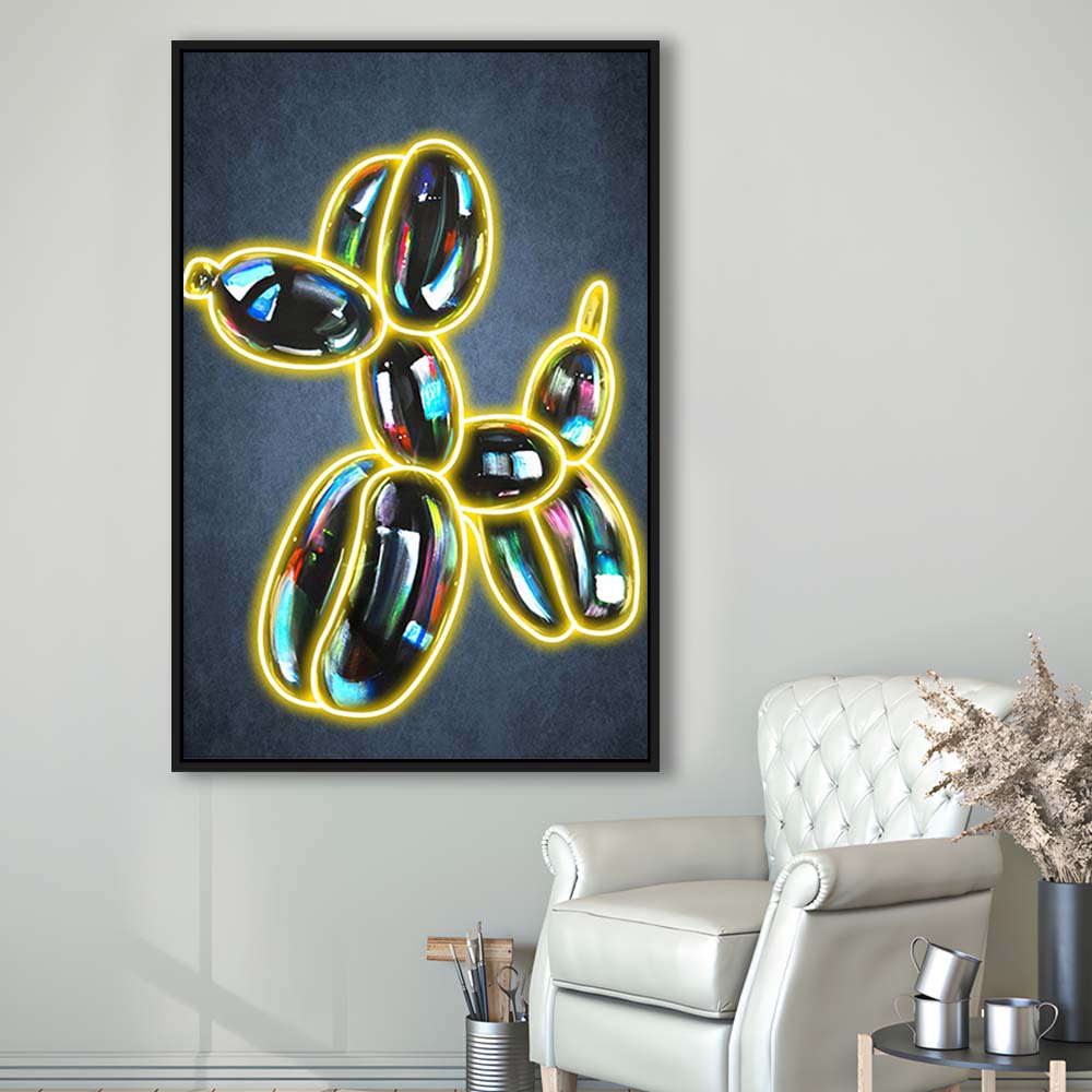 Balloon Dog Pop Art, Neon Sign Effect Art, Framed Canvas Print, Floating Frame, Luxury Wall Art Decor