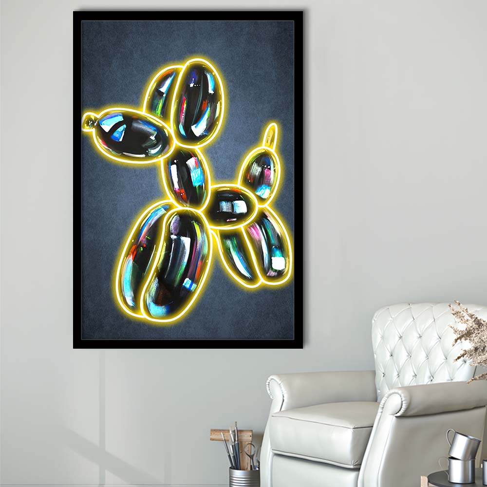 Balloon Dog Pop Art, Neon Sign Effect Art, Framed Art Print, Picture Framed Wall Art Decor