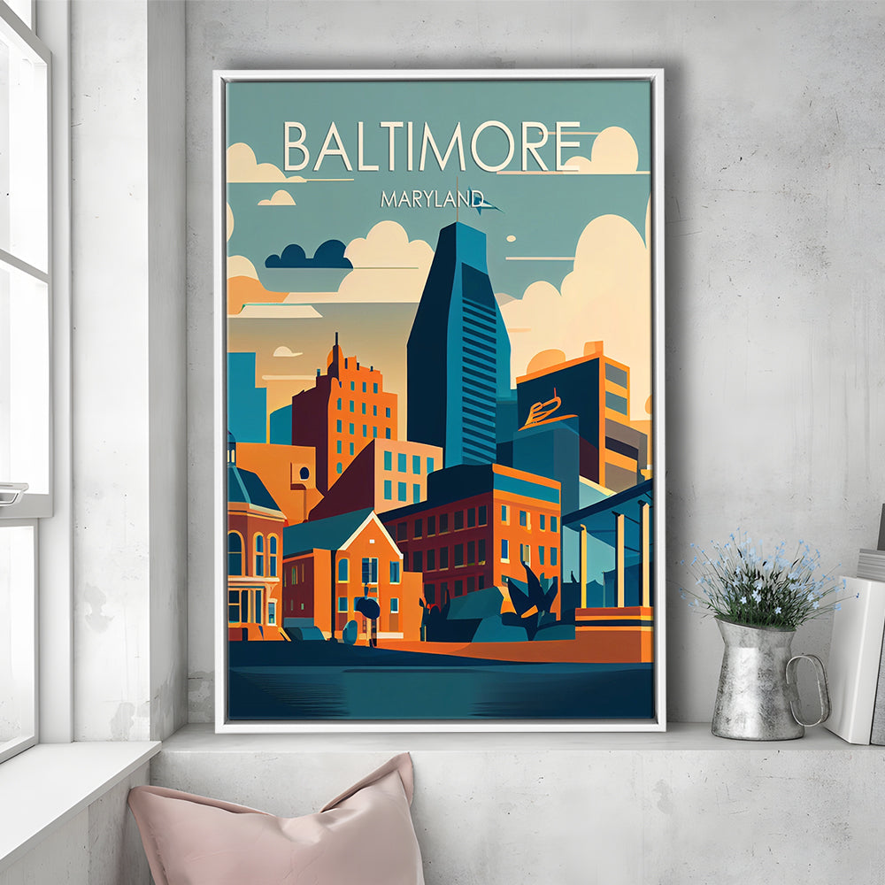 Baltimore Maryland Retro Art Print, Baltimore City Wall Art, Floating Framed Canvas Print, Framed Picture, Painting Canvas