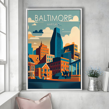 Baltimore Maryland Retro Art Print, Baltimore City Wall Art, Floating Framed Canvas Print, Framed Picture, Painting Canvas