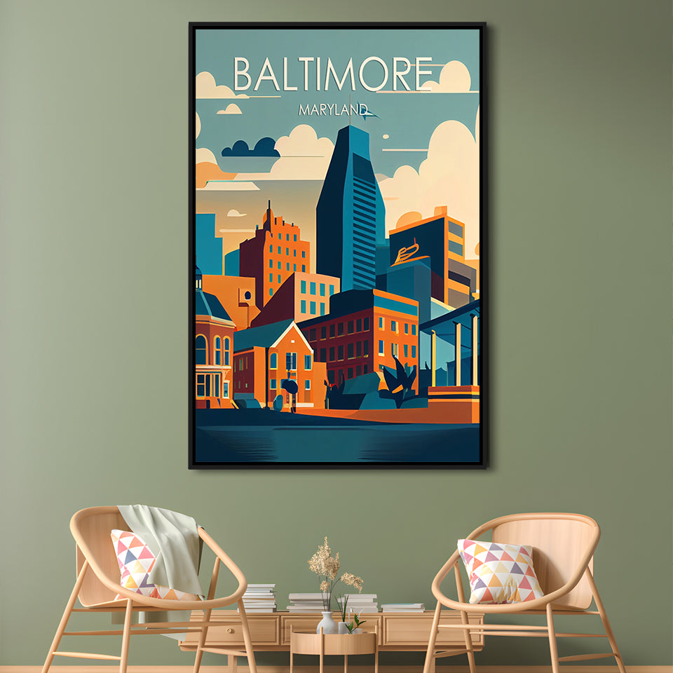 Baltimore Maryland Retro Art Print, Baltimore City Wall Art, Floating Framed Canvas Print, Framed Picture, Painting Canvas