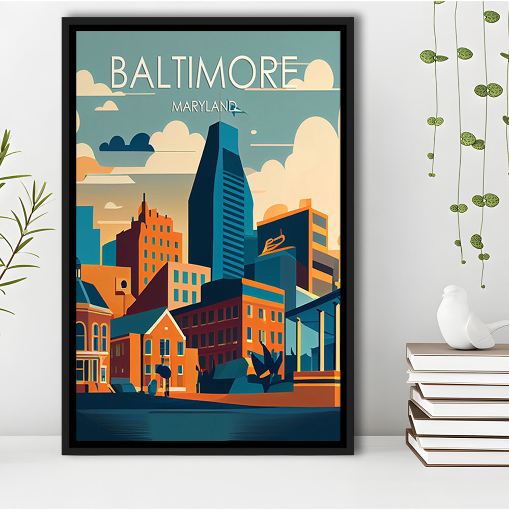 Baltimore Maryland Retro Art Print, Baltimore City Wall Art, Floating Framed Canvas Print, Framed Picture, Painting Canvas