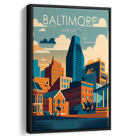 Baltimore Maryland Retro Art Print, Baltimore City Wall Art, Floating Framed Canvas Print, Framed Picture, Painting Canvas