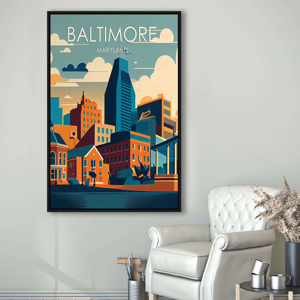 Baltimore Maryland Retro Art Print, Baltimore City Wall Art, Floating Framed Canvas Print, Framed Picture, Painting Canvas