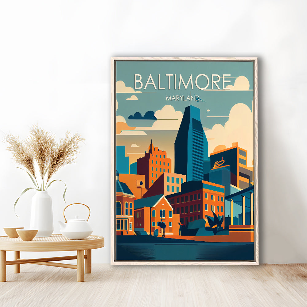 Baltimore Maryland Retro Art Print, Baltimore City Wall Art, Floating Framed Canvas Print, Framed Picture, Painting Canvas