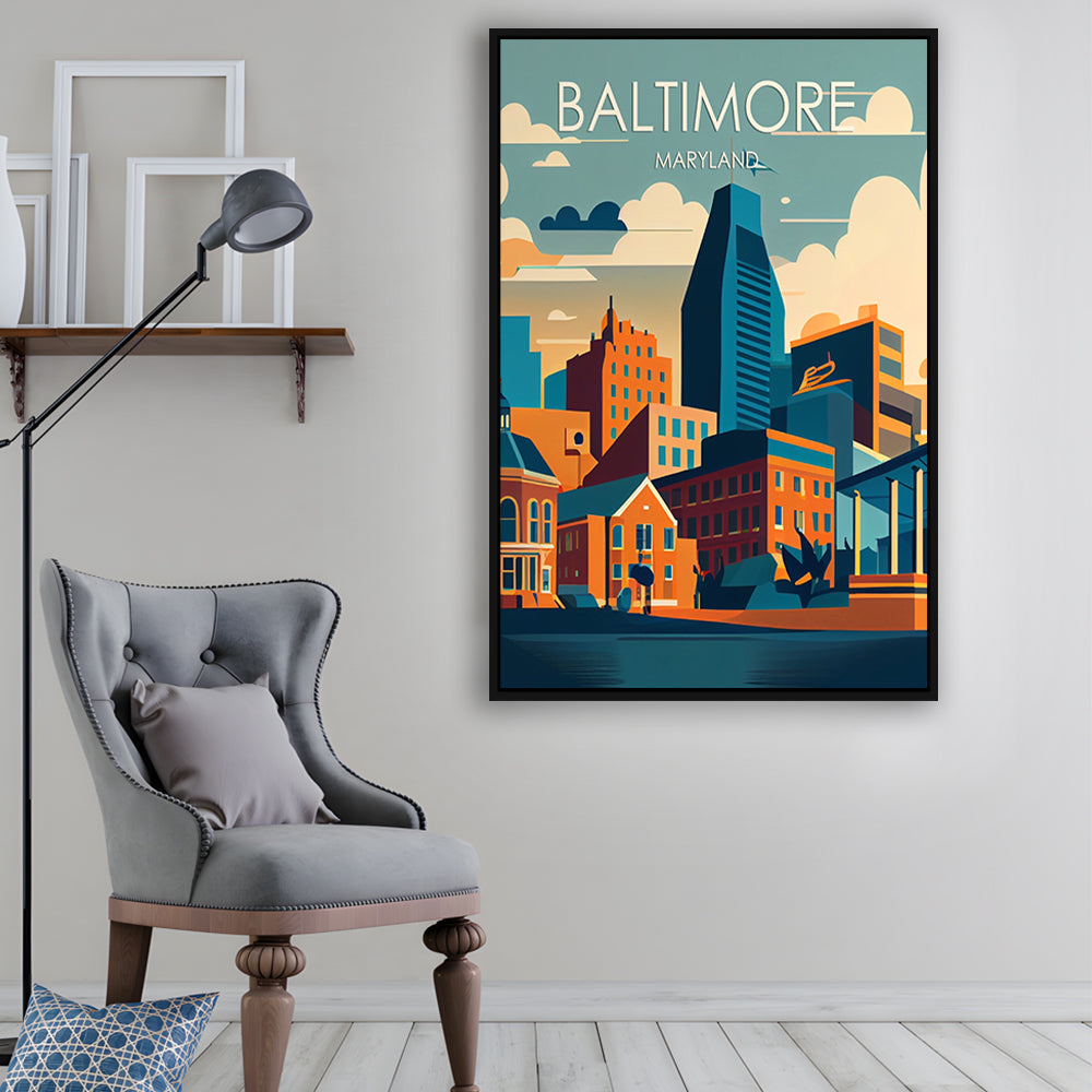 Baltimore Maryland Retro Art Print, Baltimore City Wall Art, Floating Framed Canvas Print, Framed Picture, Painting Canvas