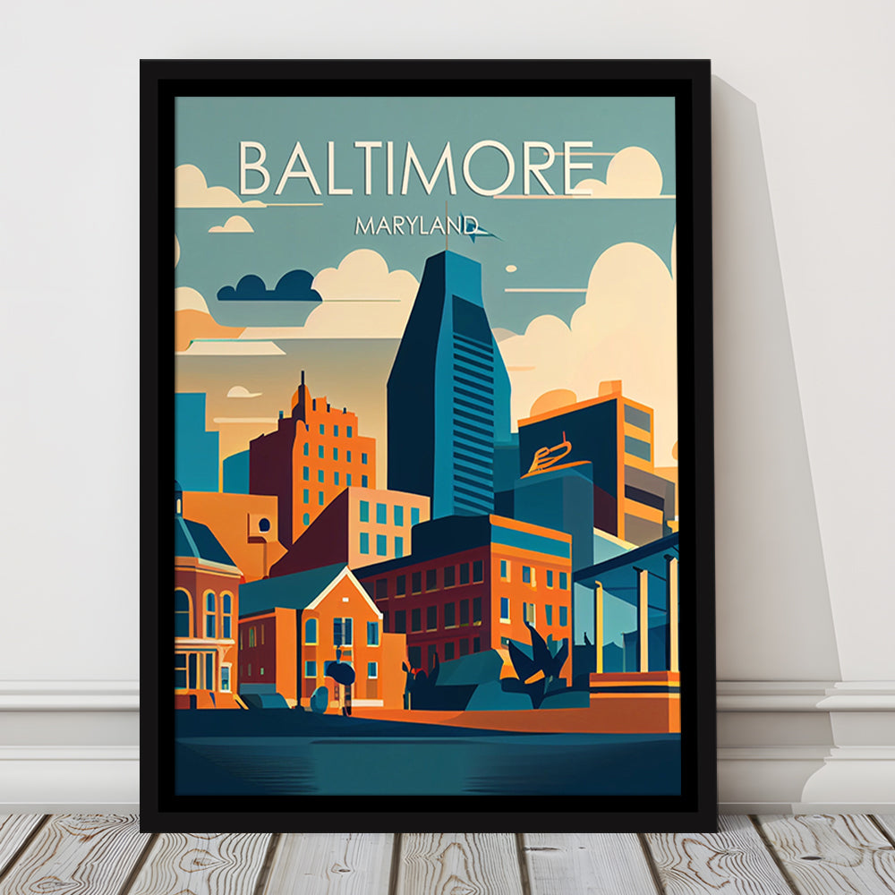 Baltimore Maryland Retro Art Print, Baltimore City Wall Art, Floating Framed Canvas Print, Framed Picture, Painting Canvas