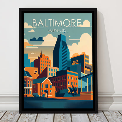 Baltimore Maryland Retro Art Print, Baltimore City Wall Art, Floating Framed Canvas Print, Framed Picture, Painting Canvas