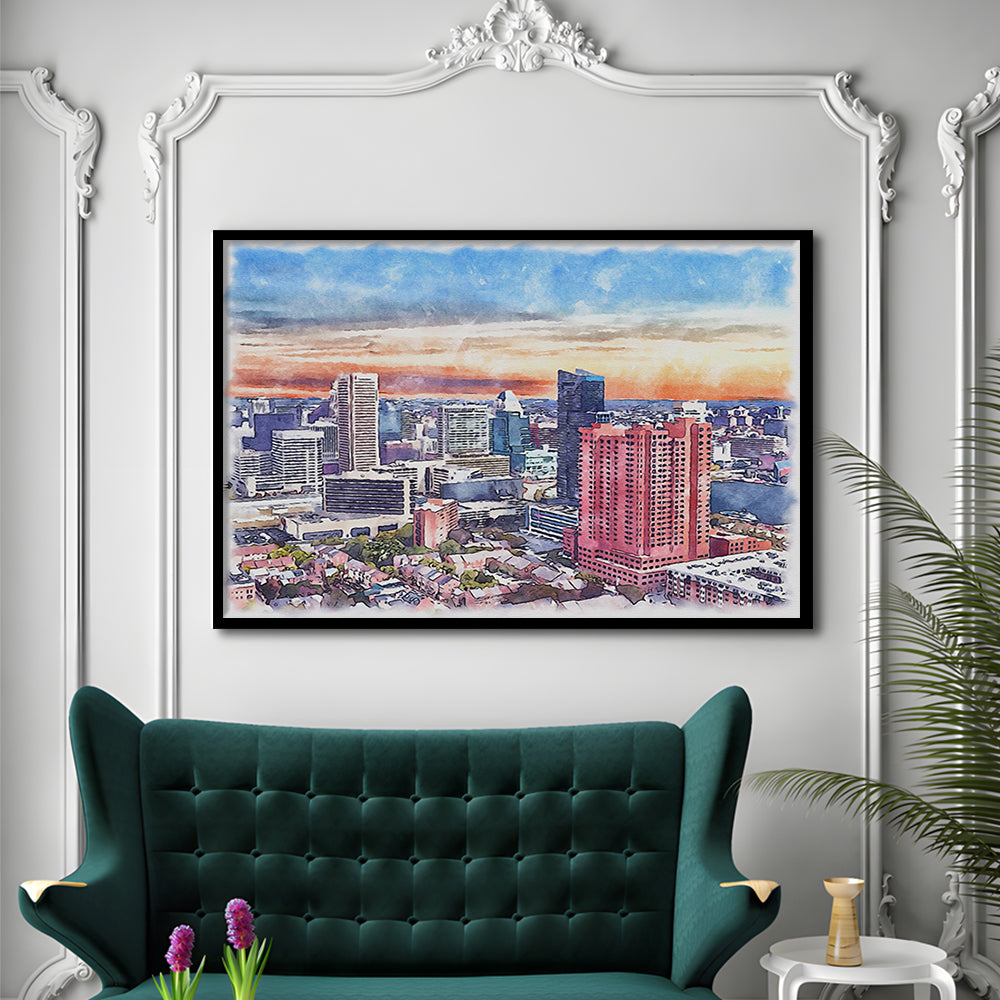 Baltimore Watercolor, Baltimore Maryland, Sport Gift Art, Framed Art Print Wall Decor