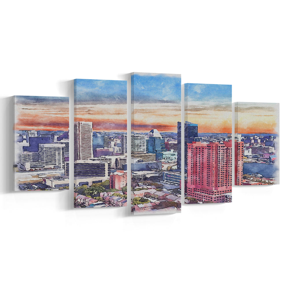 Baltimore Watercolor, Baltimore Maryland, Sport Art, Mixed 5 Panel, Canvas Print Wall Art
