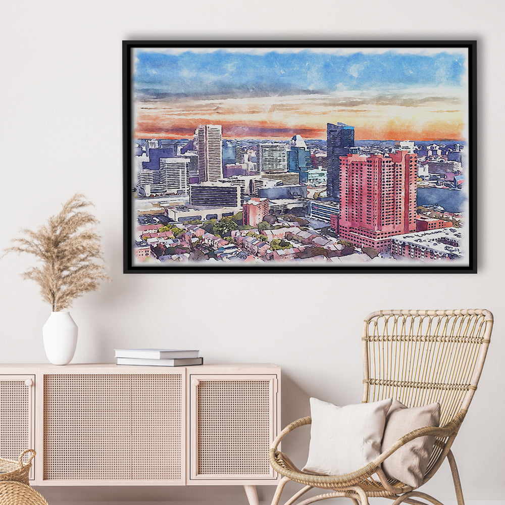 Baltimore Watercolor, Baltimore Maryland, Sport Gift Art, Framed Canvas Print Wall Art