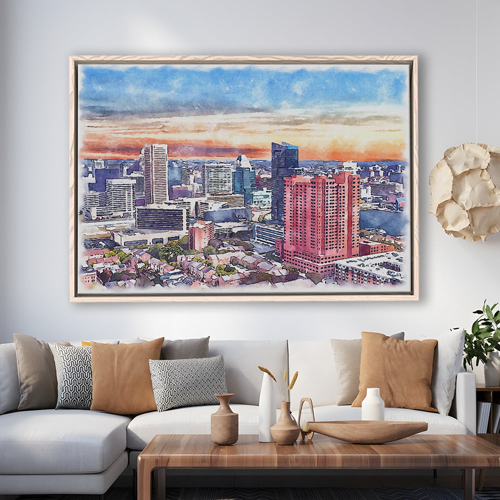 Baltimore Watercolor, Baltimore Maryland, Sport Gift Art, Framed Canvas Print Wall Art
