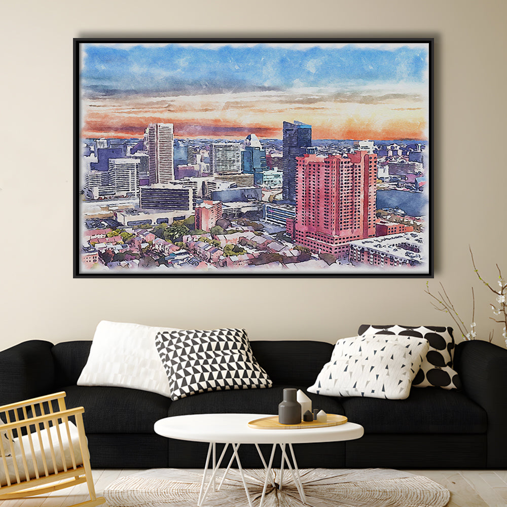 Baltimore Watercolor, Baltimore Maryland, Sport Gift Art, Framed Canvas Print Wall Art