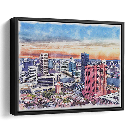 Baltimore Watercolor, Baltimore Maryland, Sport Gift Art, Framed Canvas Print Wall Art