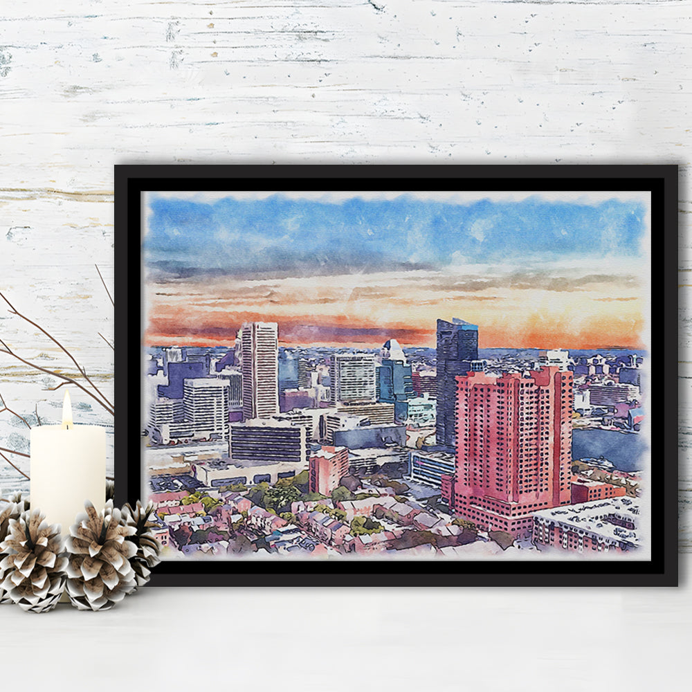 Baltimore Watercolor, Baltimore Maryland, Sport Gift Art, Framed Canvas Print Wall Art